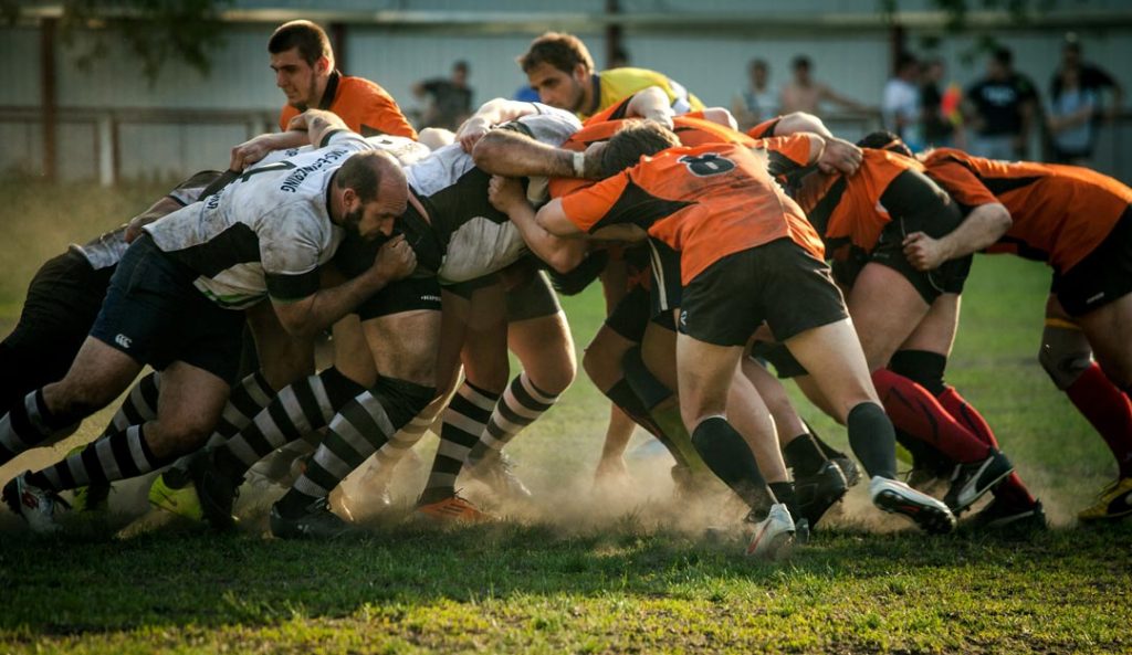 Rugby players in a scrum.